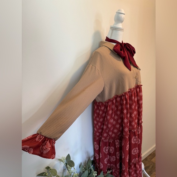 ๐ค Dark Terra Cotta & Tan Midi Dress ๐ค - Picture 2 of 5